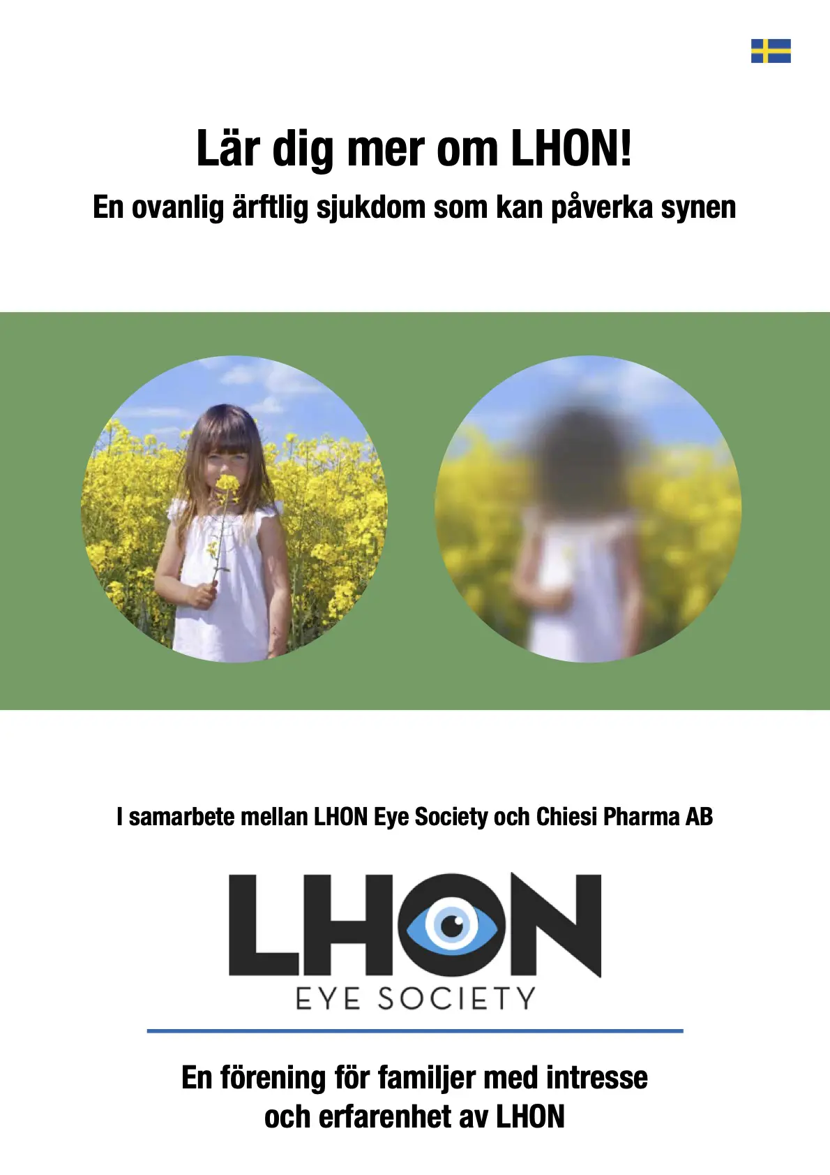 Omslag på broschyr från LHON Eye Society. En flicka syns i två olika cirklar, en cirkel är suddig i mitten och en är skarp.