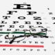 Glasögon ligger ovanpå bokstäver på en tavla för synkontroll